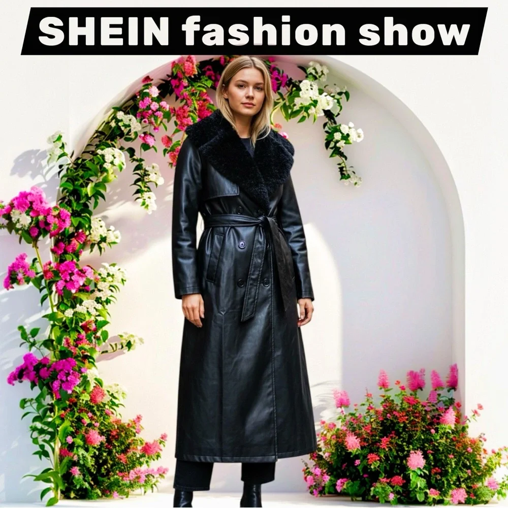Vintage style SHEIN Black Faux Leather Long Trench Coat with Shearling Collar - Picture 6 of 17